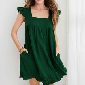 Aeire Green Flutter Square Neck Raw Hem Linen Mini Sun Dress Summer X Small